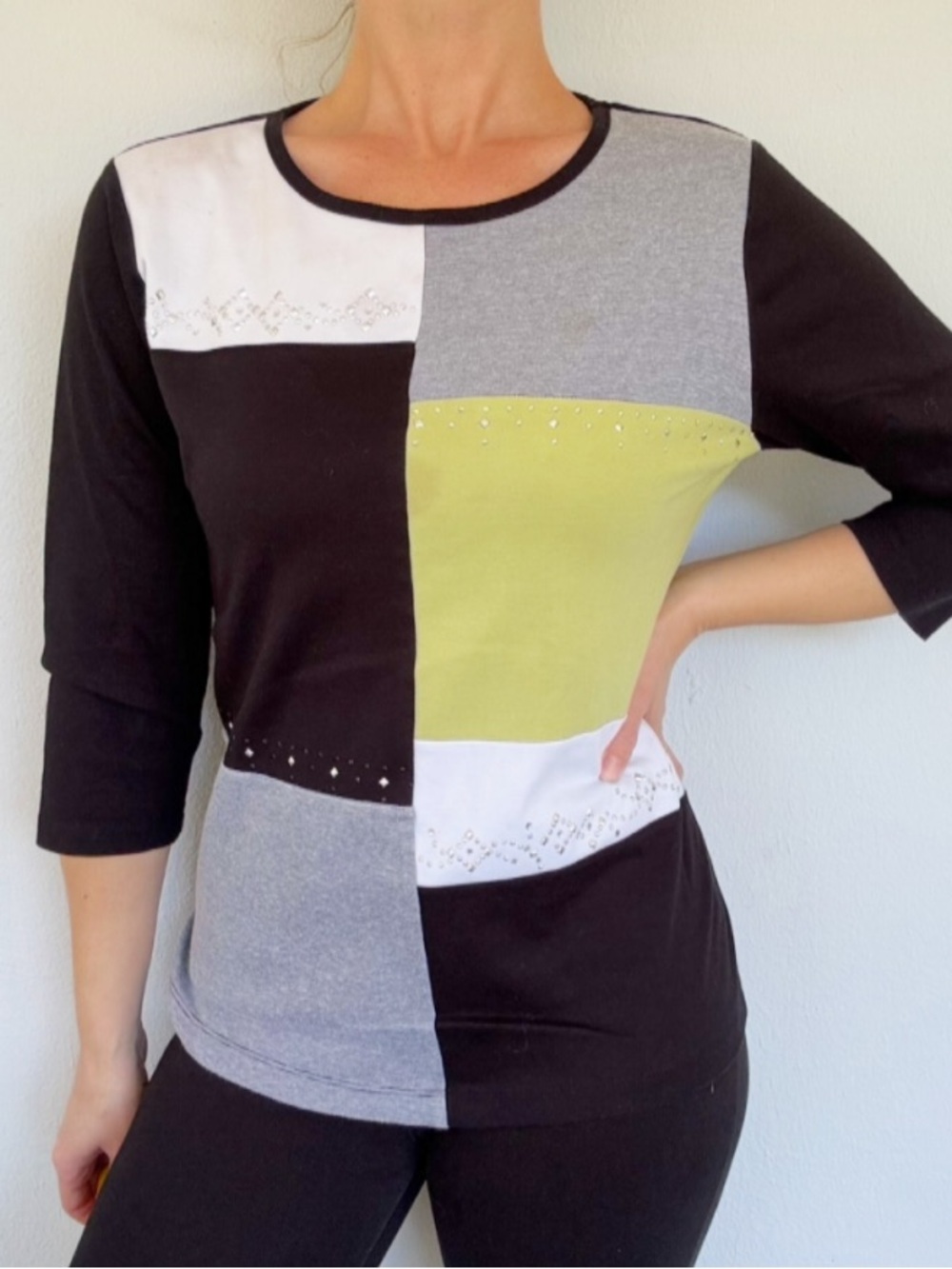 Alfred Dunner black green color block silver stud 3/4 sleeve cotton tee small